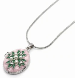 Cadena de acero quirurgico con dije relicario rosa y verde con perlas 40cm + 5cm